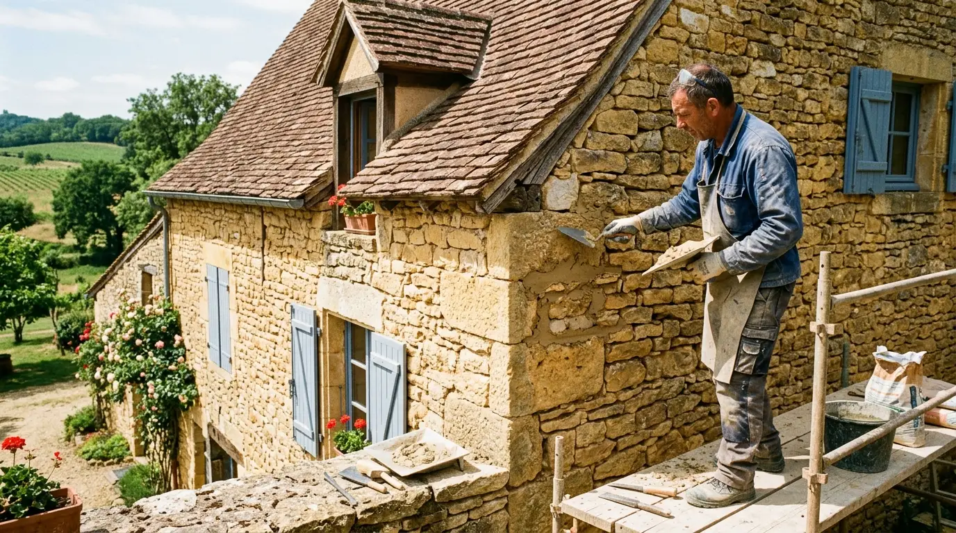 Artisan stone mason restoring a traditional French country house