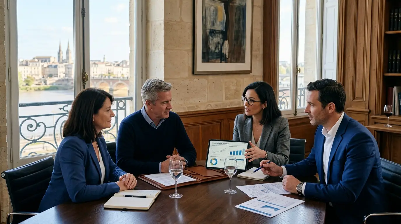 Financial wealth manager advising clients in a light-filled French office