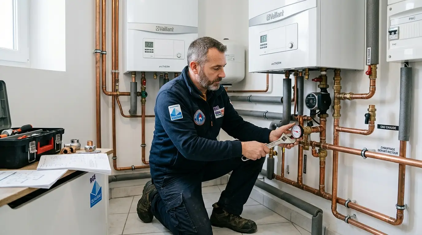 Certified heating engineer and plumber inspecting modern heat pump system