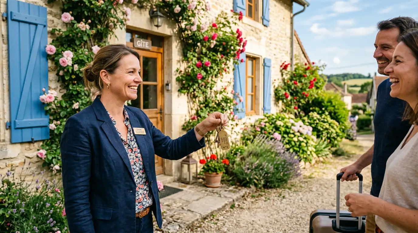 Bilingual property manager welcoming guests to a French holiday gîte