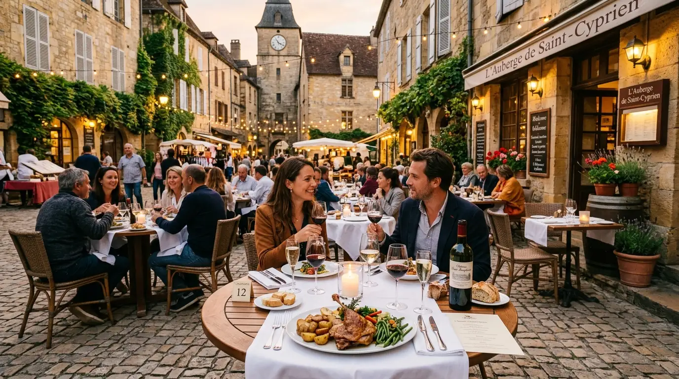Guests enjoying gourmet dining on a picturesque French village restaurant terrace